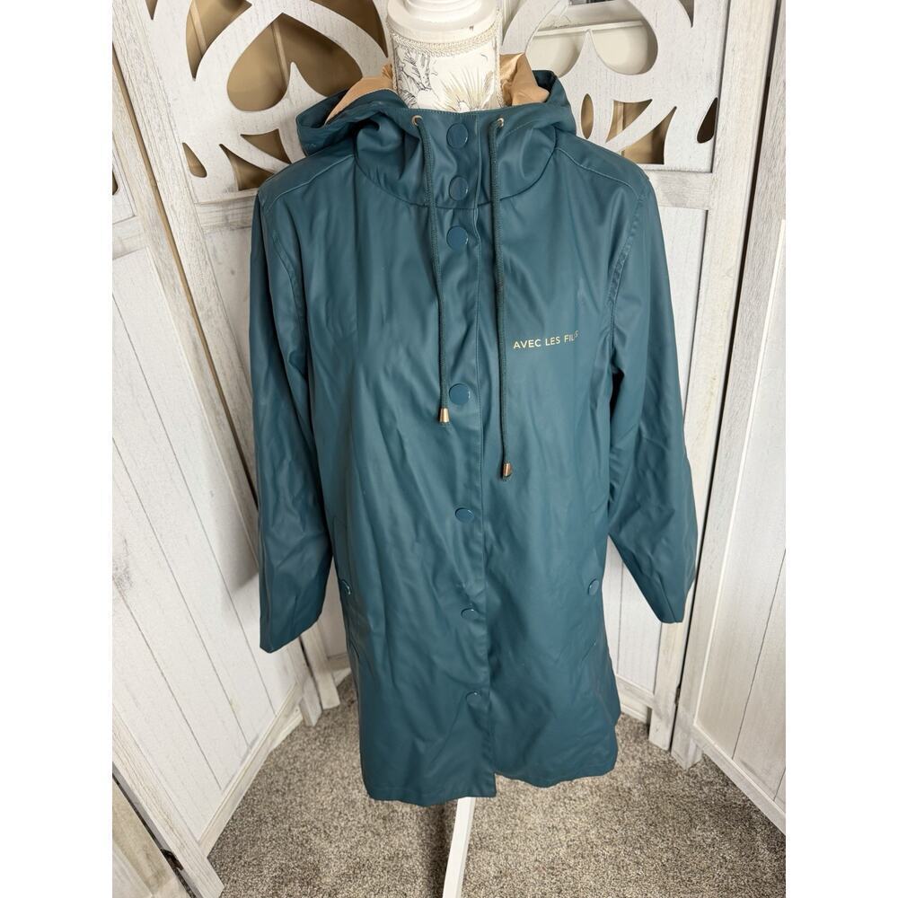 Avec Les Filles Green Hooded Raincoat Anorak Long Maxi Jacket Size Medium